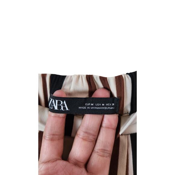 Women's ZARA Multi-Color Striped Palazzo Tan Brown Cream Button Pants Sz Medium - Picture 2 of 7